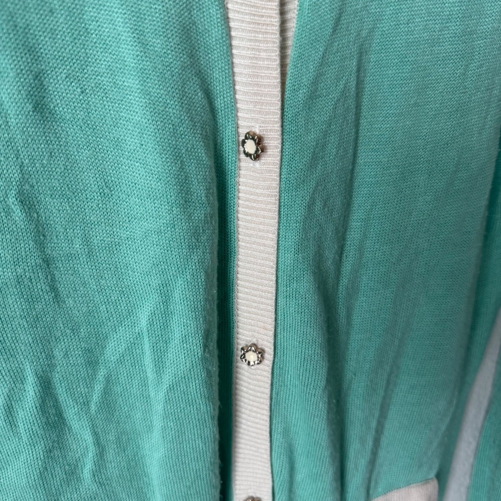 Annabella Mint Green Cream Contrast Trim Flower Button V-Neck Cardigan Sweater M - Picture 3 of 3